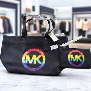 Michael Kors Rainbow Logo Large Embellished Black Canvas Tote bag and Wallet set
